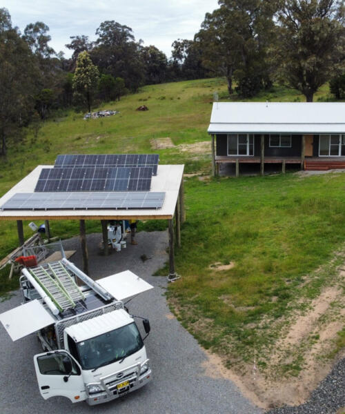 Off grid home and shed on green hill with solar supply in Geelong